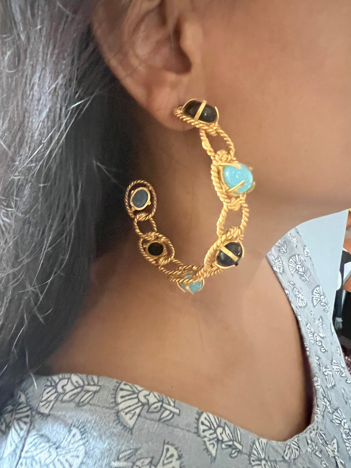 Designer Onyx and Chalcedony Hoops