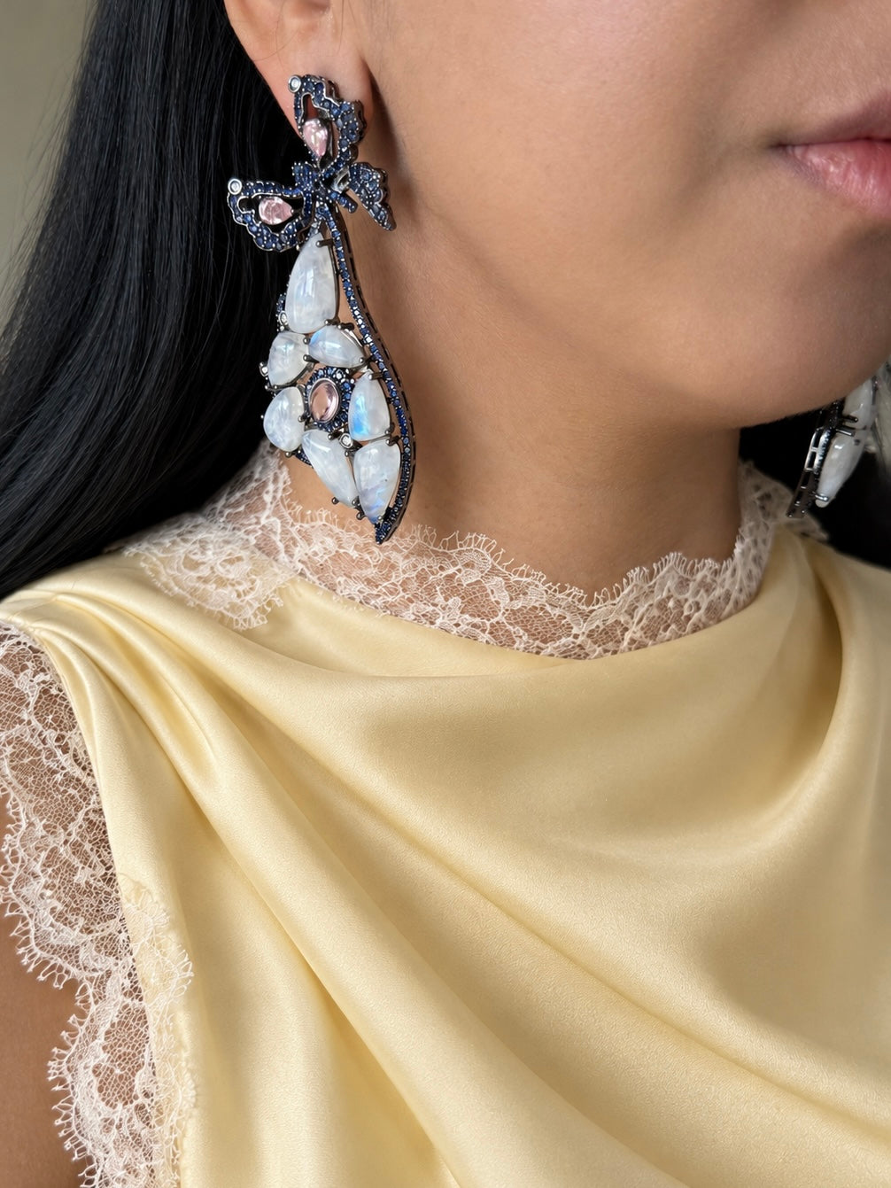 Pink and Blue Bow Moonstone Drop Earrings