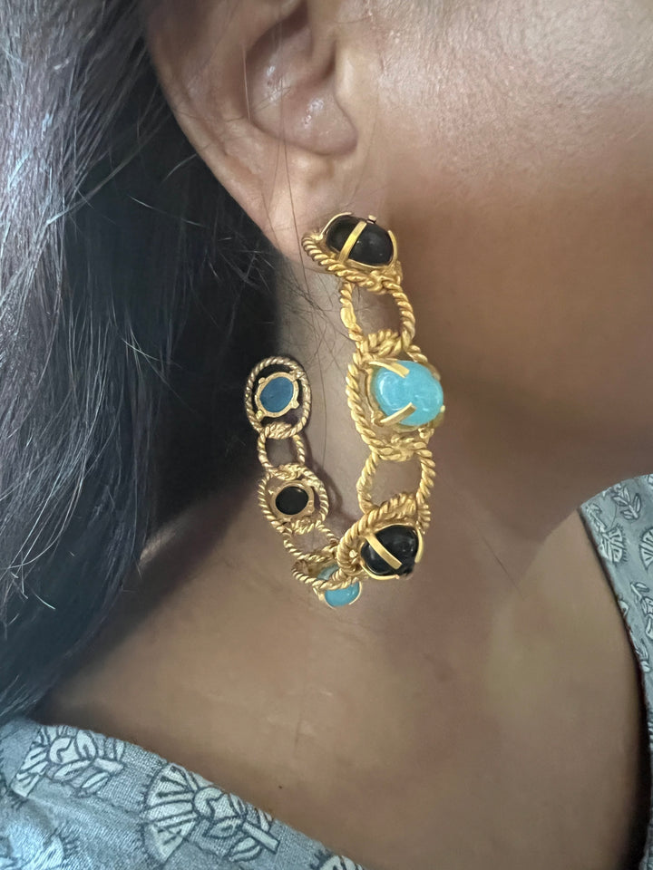 Designer Onyx and Chalcedony Hoops