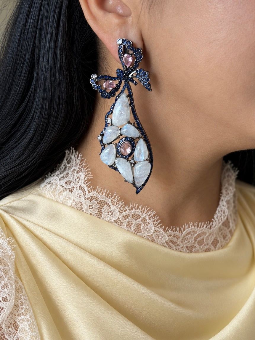Pink and Blue Bow Moonstone Drop Earrings