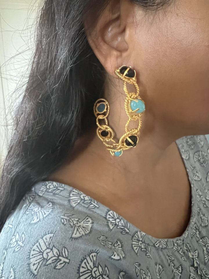 Designer Onyx and Chalcedony Hoops