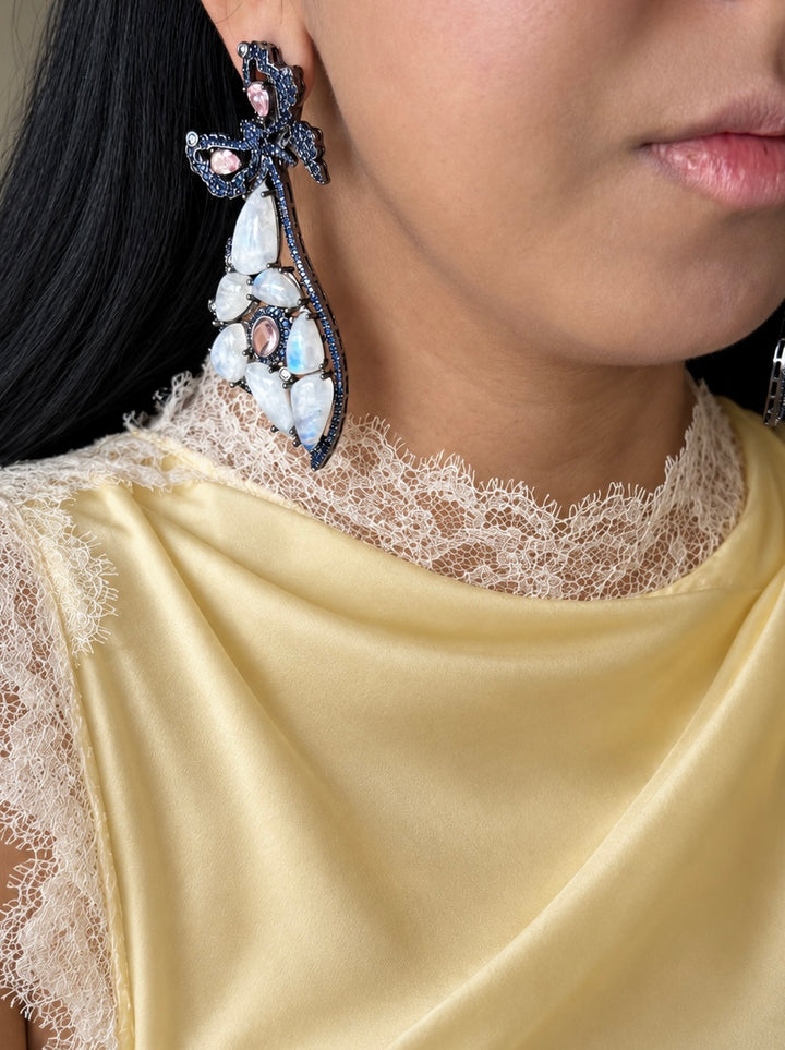 Pink and Blue Bow Moonstone Drop Earrings