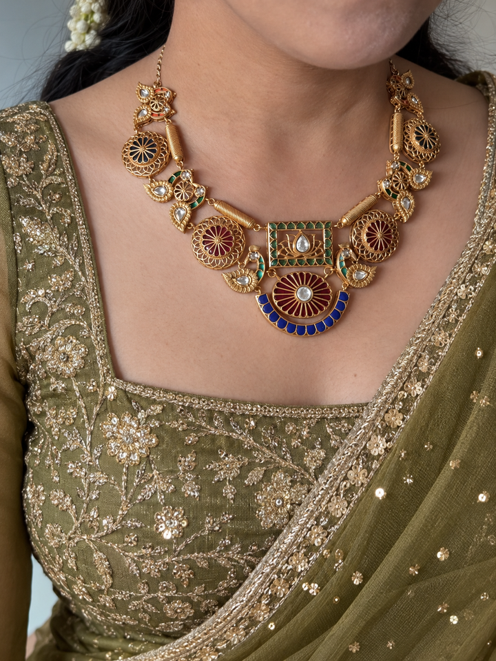 Antique Gold-Tone Temple Jadau Peacock Necklace Set