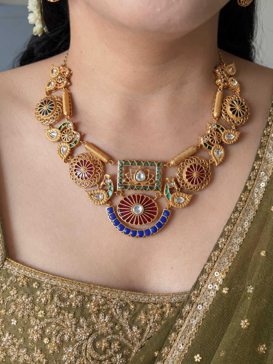 Antique Gold-Tone Temple Jadau Peacock Necklace Set