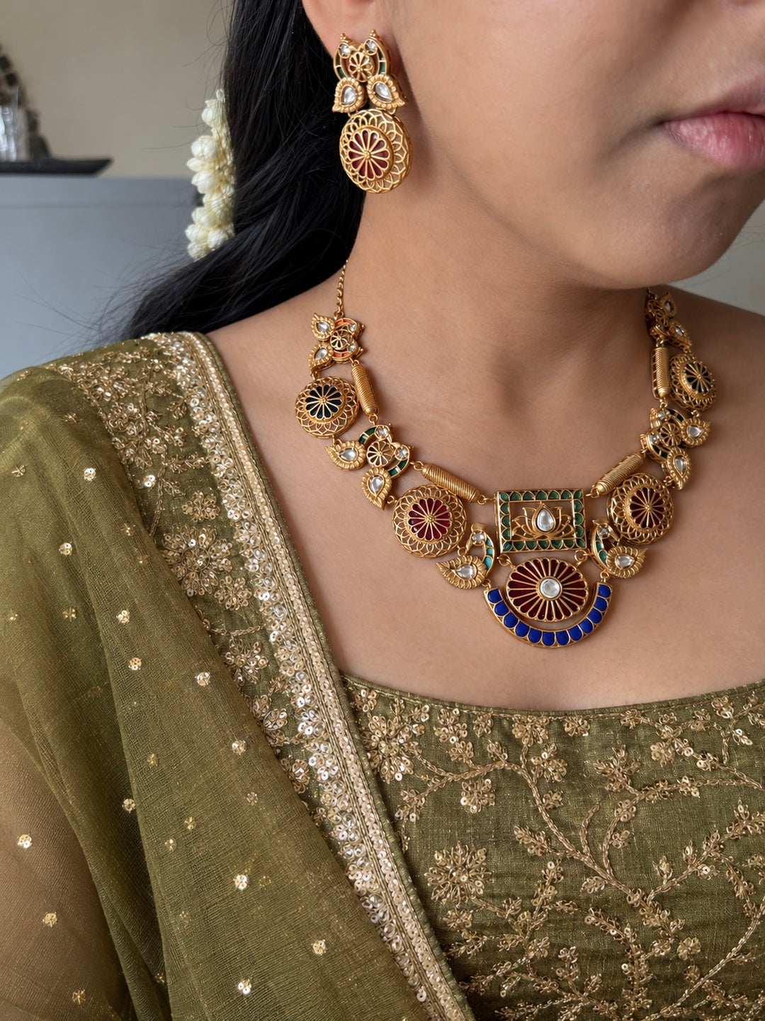 Antique Gold-Tone Temple Jadau Peacock Necklace Set