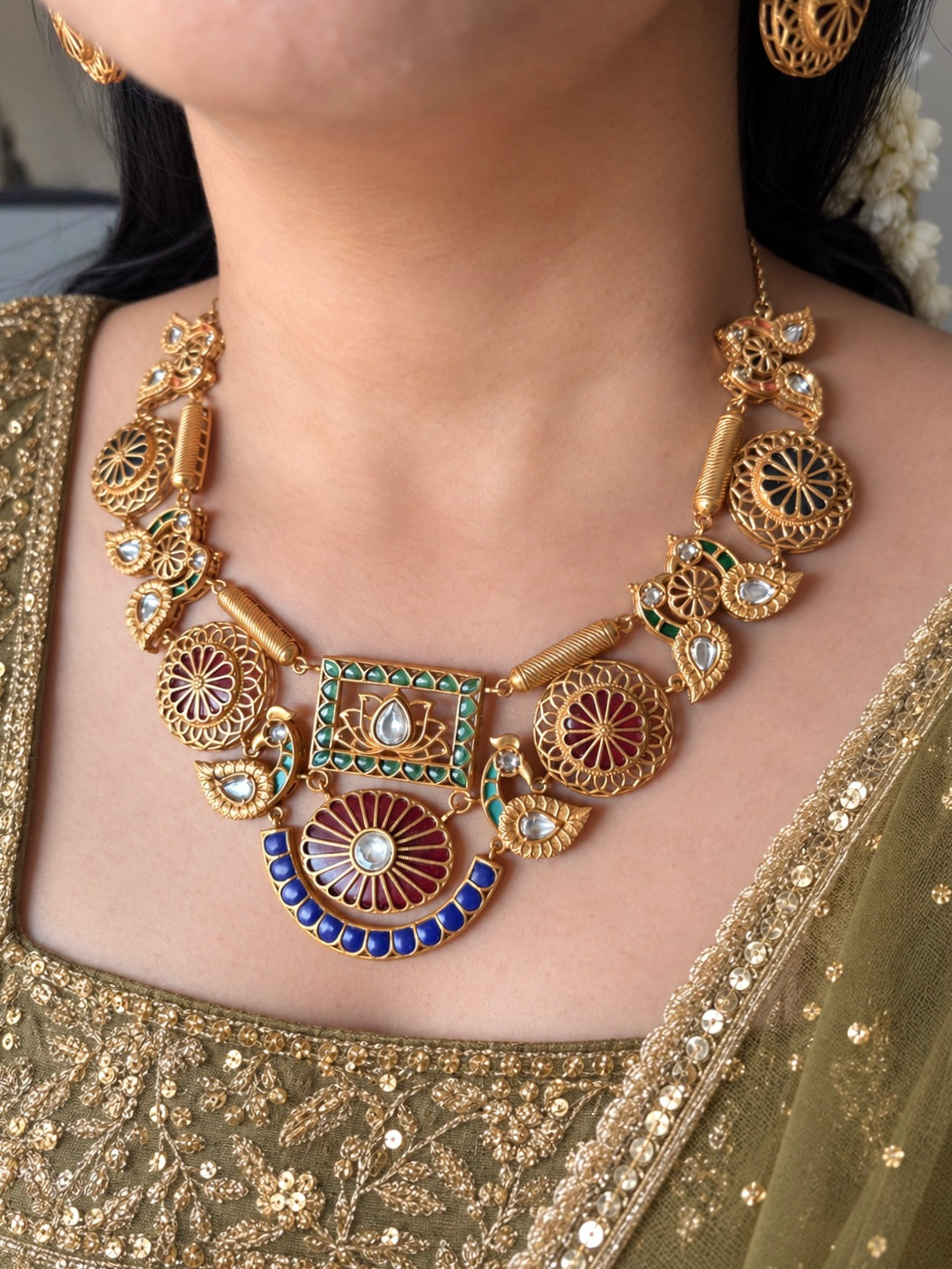 Antique Gold-Tone Temple Jadau Peacock Necklace Set