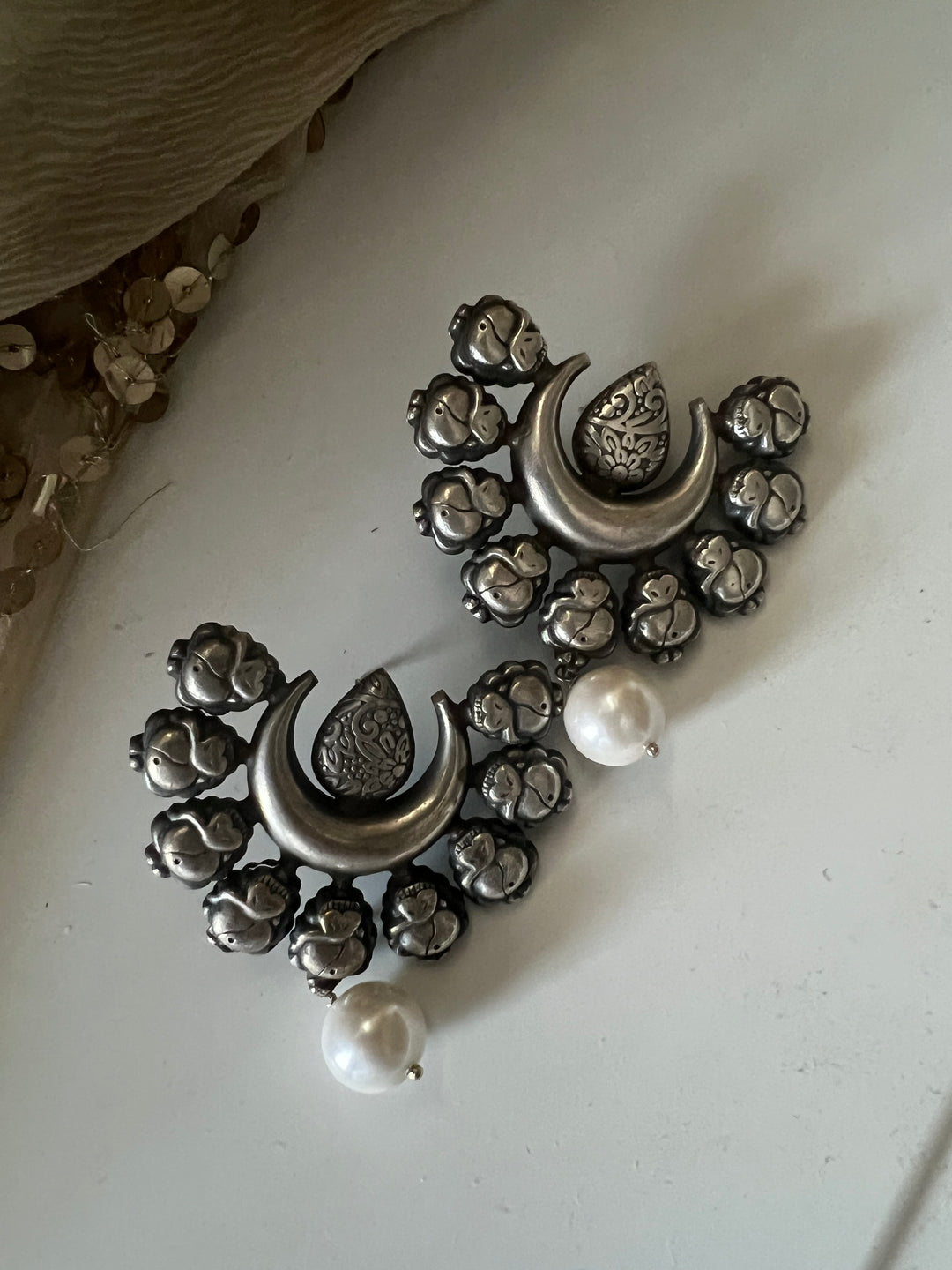 Tribal Pearl Drop Brass Earrings | Lightweight Statement Earrings | SHIVKA