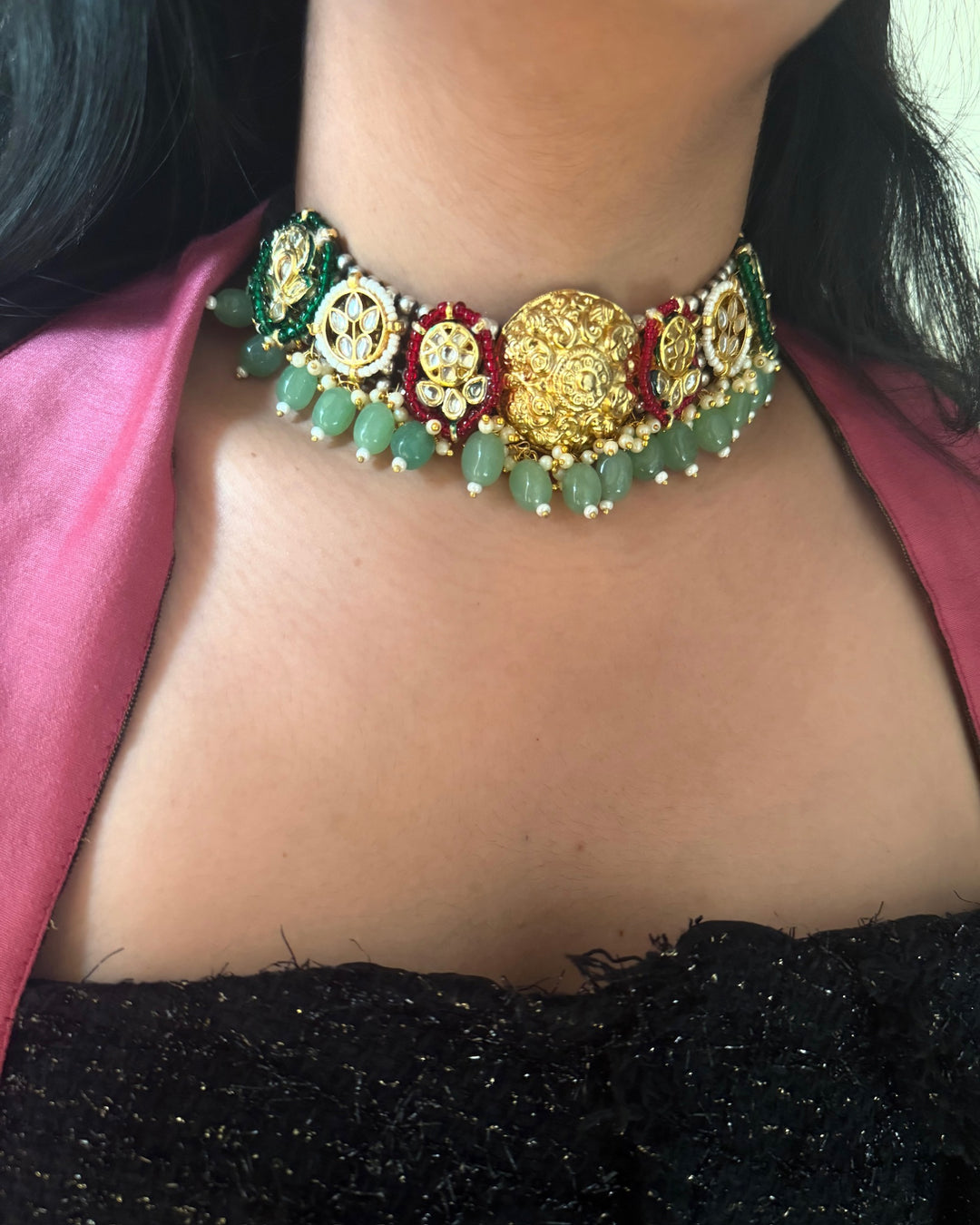 Fusion Designer Choker with Quartz & Mini Pearls | Dual Tone Adjustable Dori Necklace by SHIVKA