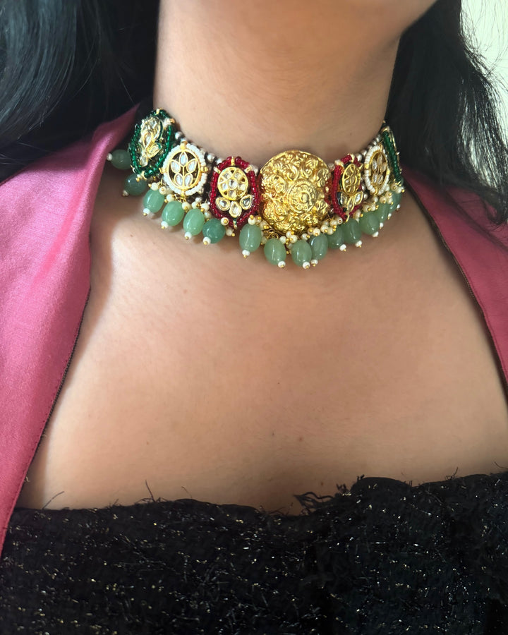 Fusion Designer Choker with Quartz & Mini Pearls | Dual Tone Adjustable Dori Necklace by SHIVKA