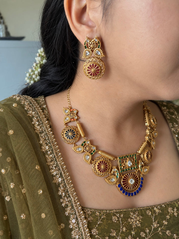 Antique Gold-Tone Temple Jadau Peacock Necklace Set