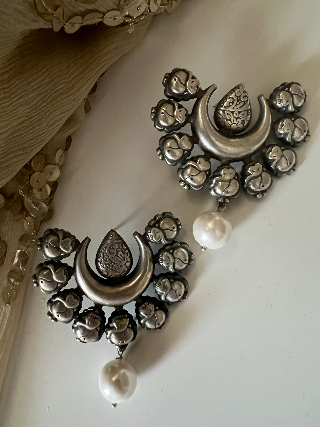 Tribal Pearl Drop Brass Earrings | Lightweight Statement Earrings | SHIVKA