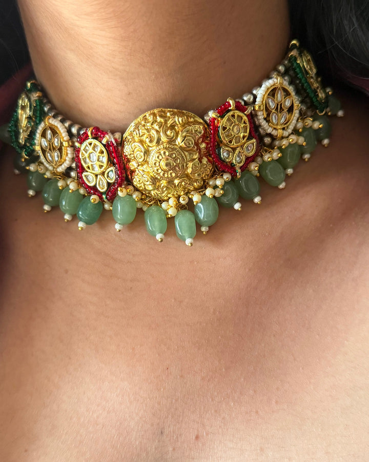 Fusion Designer Choker with Quartz & Mini Pearls | Dual Tone Adjustable Dori Necklace by SHIVKA