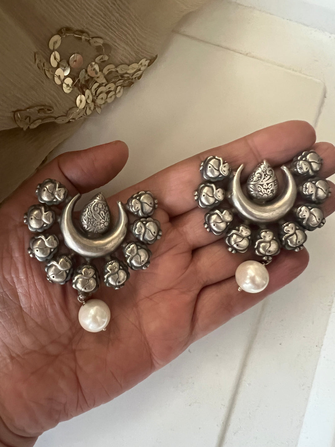 Tribal Pearl Drop Brass Earrings | Lightweight Statement Earrings | SHIVKA