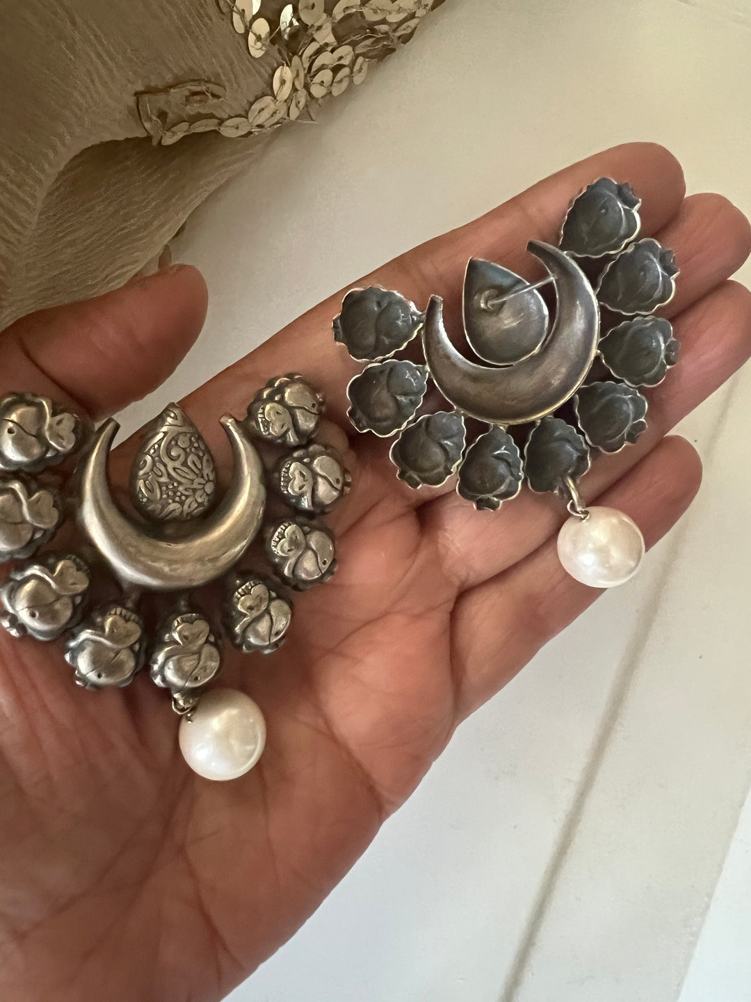 Tribal Pearl Drop Brass Earrings | Lightweight Statement Earrings | SHIVKA