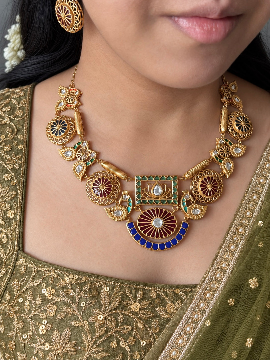 Antique Gold-Tone Temple Jadau Peacock Necklace Set