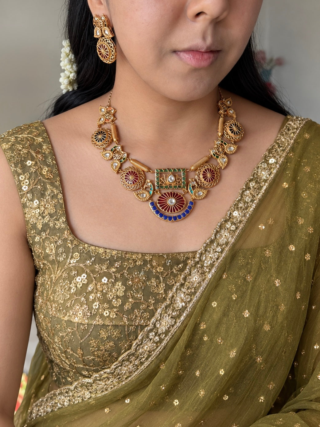 Antique Gold-Tone Temple Jadau Peacock Necklace Set