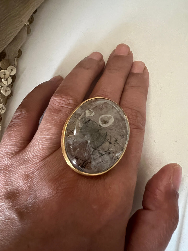 Natural Gemstone Adjustable Ring | Premium Brass & Gold Plated | Bold Statement Ring | SHIVKA