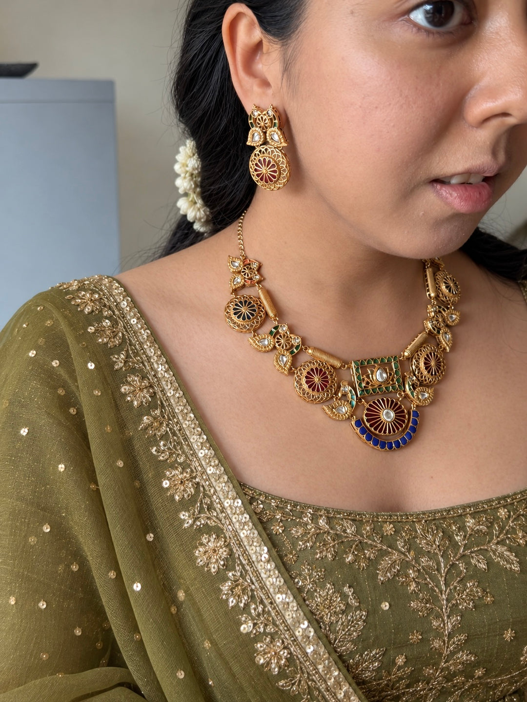 Antique Gold-Tone Temple Jadau Peacock Necklace Set