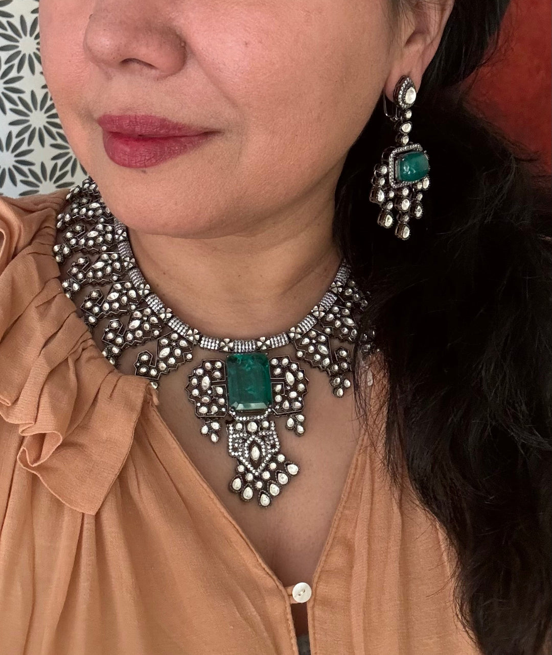 Antique Silver Emerald Choker Necklace Set, Indian Kundan CZ Statement Necklace