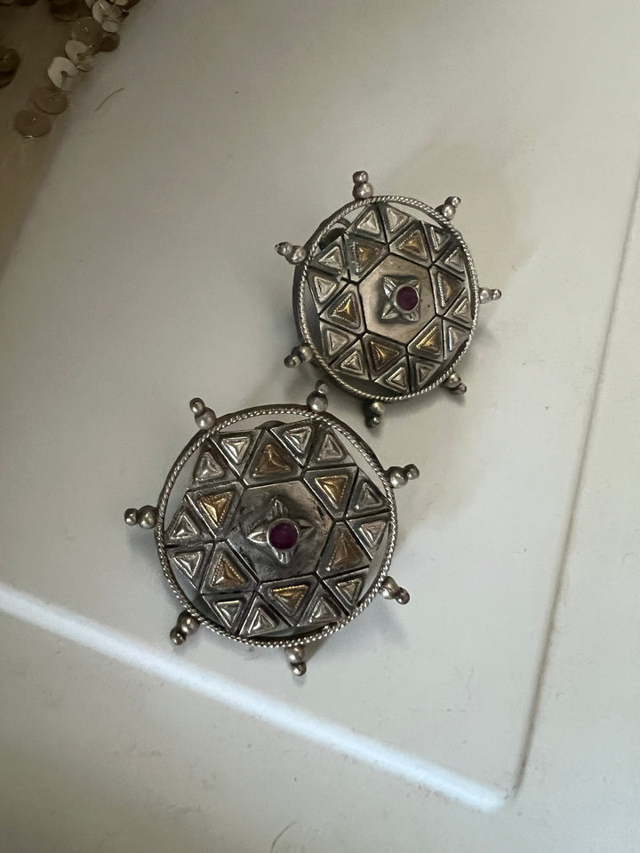 Antique Dual Tone Brass Stud Earrings | Bold Statement Studs | SHIVKA