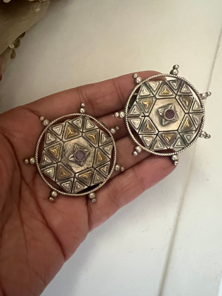 Antique Dual Tone Brass Stud Earrings | Bold Statement Studs | SHIVKA