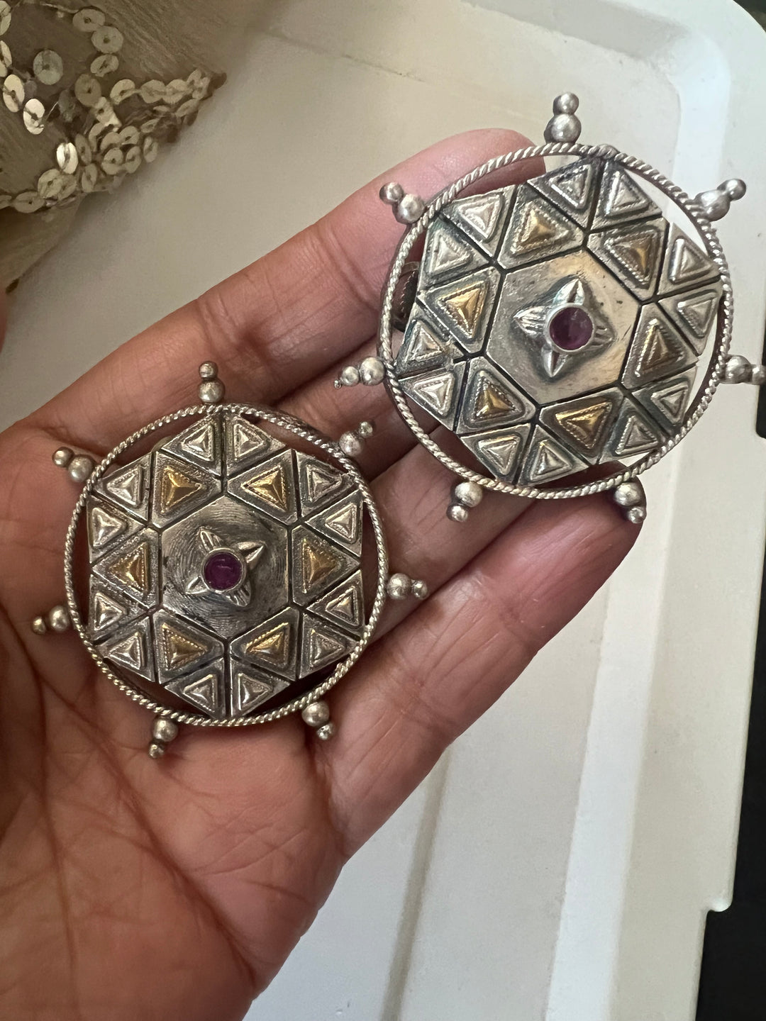 Antique Dual Tone Brass Stud Earrings | Bold Statement Studs | SHIVKA