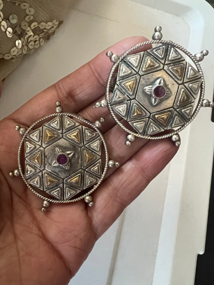 Antique Dual Tone Brass Stud Earrings | Bold Statement Studs | SHIVKA