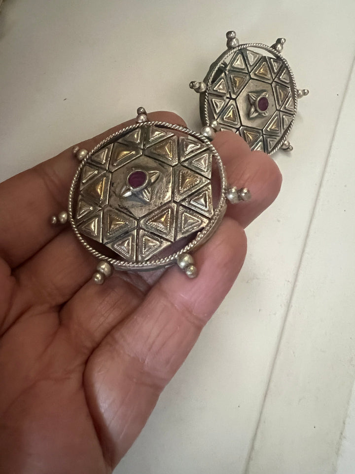 Antique Dual Tone Brass Stud Earrings | Bold Statement Studs | SHIVKA