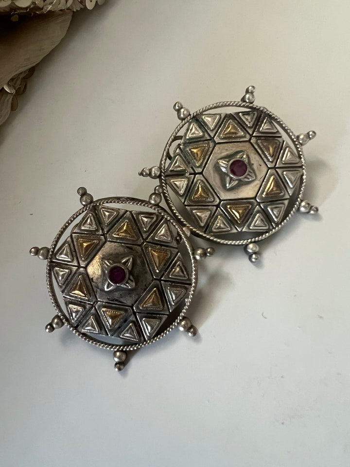 Antique Dual Tone Brass Stud Earrings | Bold Statement Studs | SHIVKA