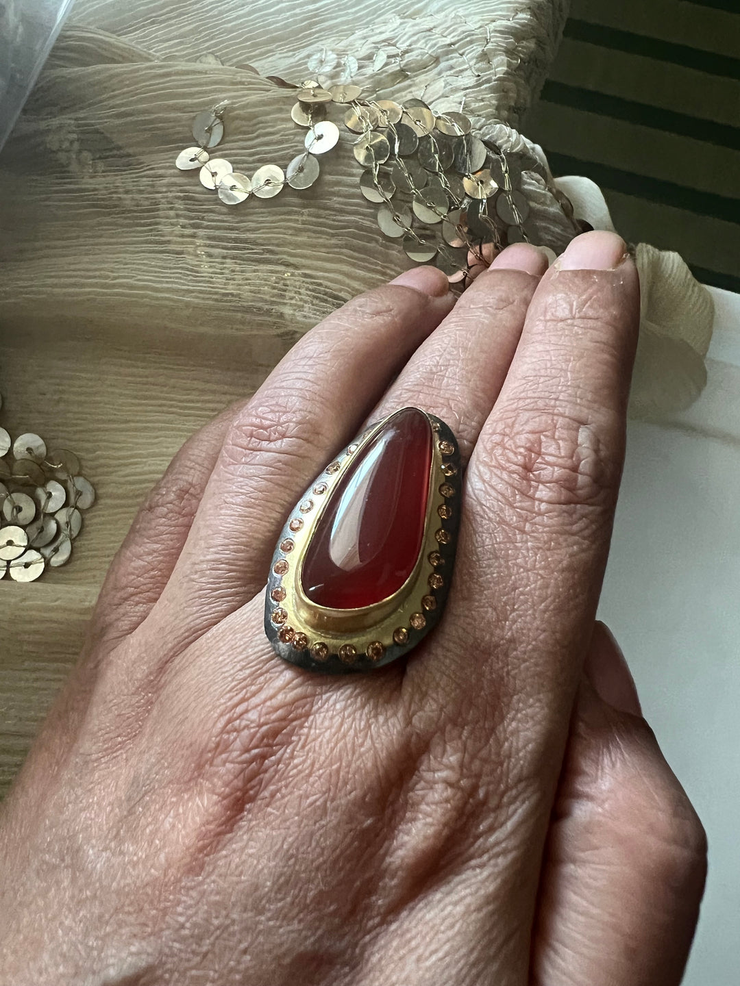 Statement Onyx Adjustable Ring | Brass, Onyx Stone, CZ Border | Gold Plated | SHIVKA