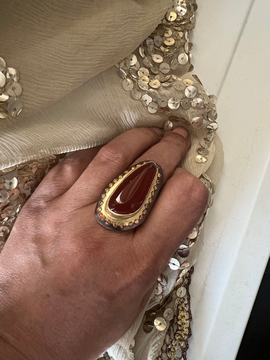 Statement Onyx Adjustable Ring | Brass, Onyx Stone, CZ Border | Gold Plated | SHIVKA