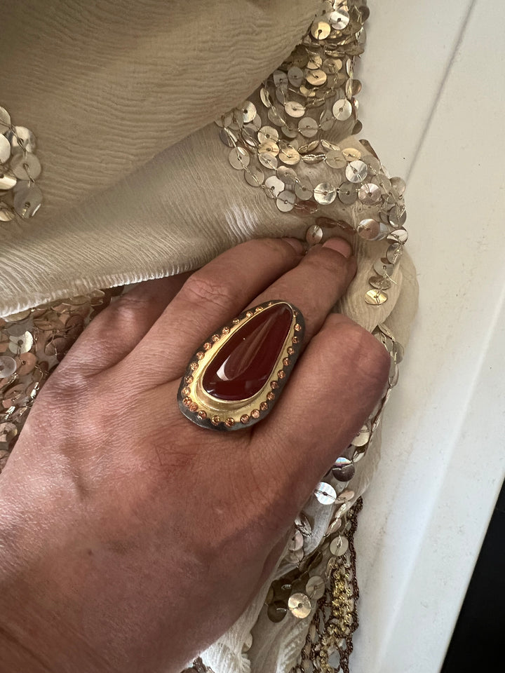 Statement Onyx Adjustable Ring | Brass, Onyx Stone, CZ Border | Gold Plated | SHIVKA