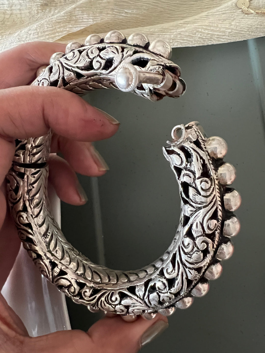 Exquisite Antique Kada with Chitai Work in Pure 925 Silver