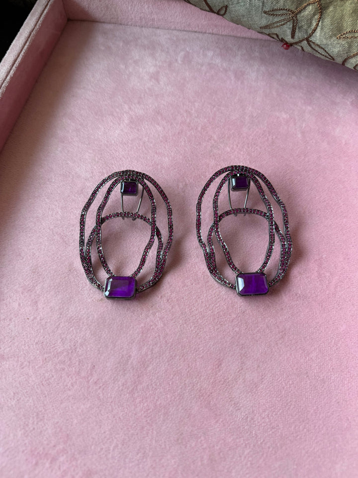 Purple Crinkled Hoop CZ Statement Earrings