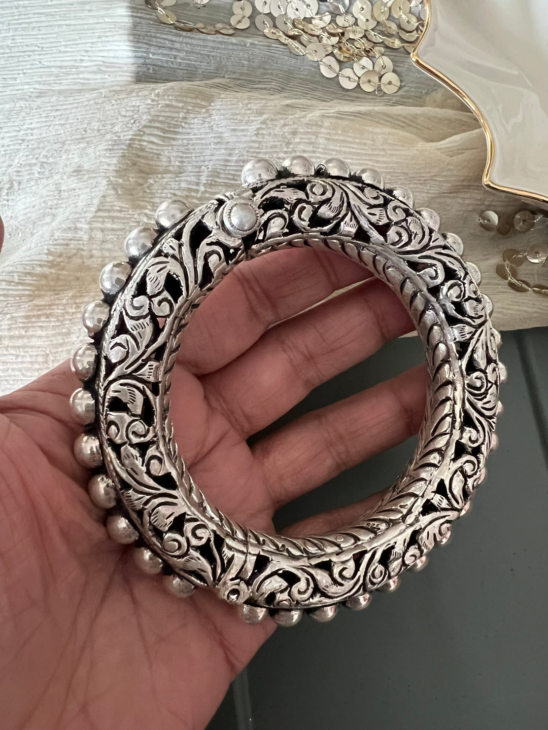 Exquisite Antique Kada with Chitai Work in Pure 925 Silver