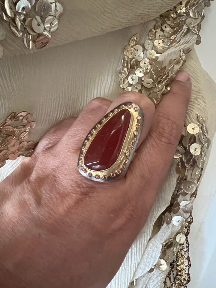 Statement Onyx Adjustable Ring | Brass, Onyx Stone, CZ Border | Gold Plated | SHIVKA