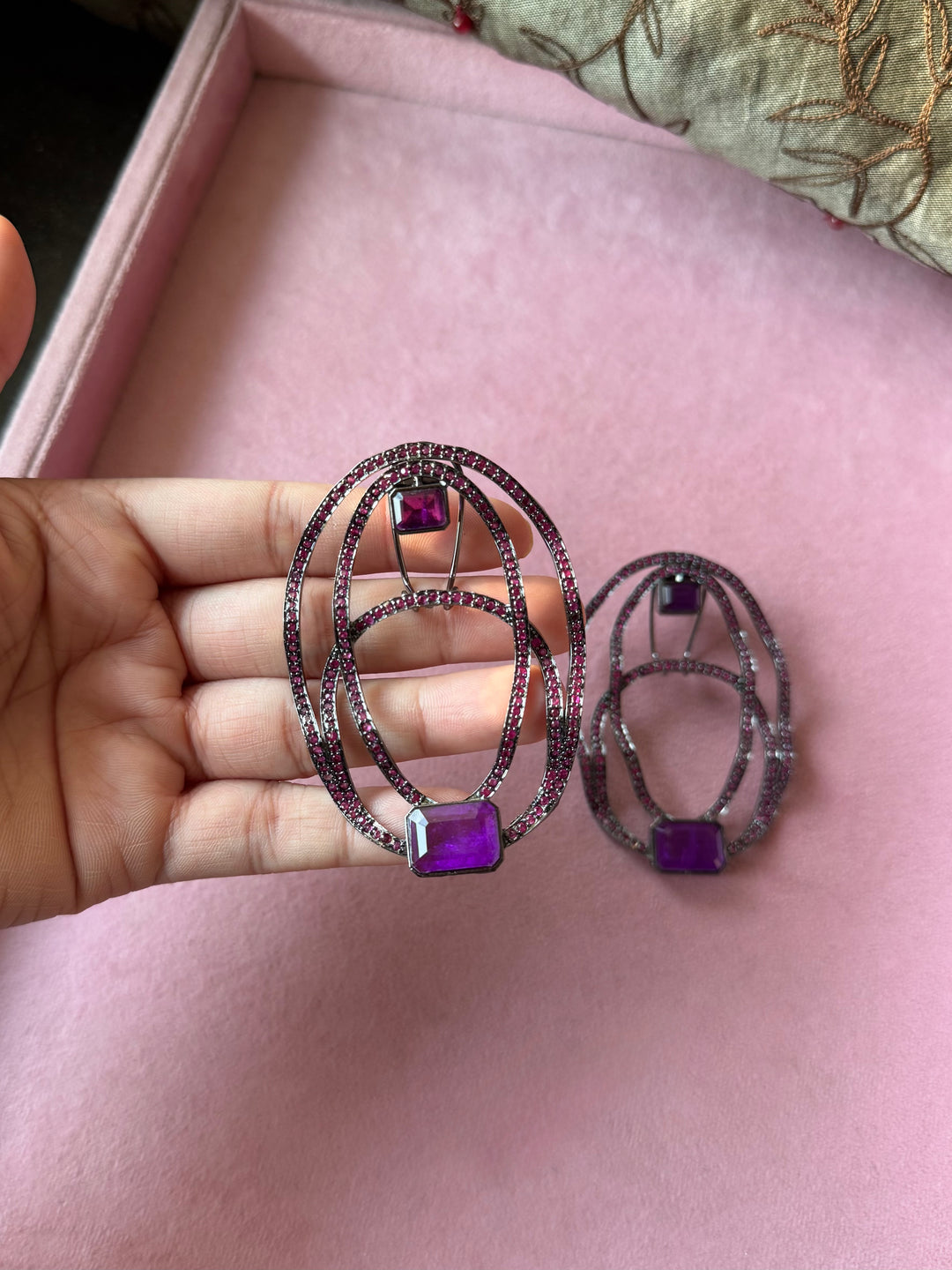 Purple Crinkled Hoop CZ Statement Earrings