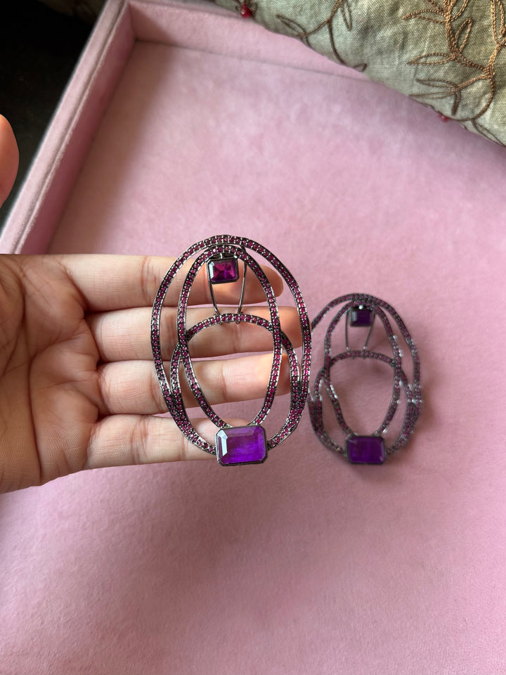 Purple Crinkled Hoop CZ Statement Earrings
