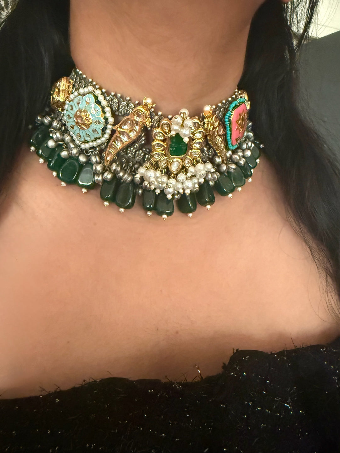 Handmade Fusion Peacock Kundan Choker with Ghungroo | Dual Tone Brass Statement Necklace by SHIVKA