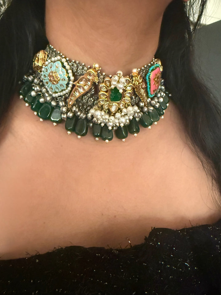 Handmade Fusion Peacock Kundan Choker with Ghungroo | Dual Tone Brass Statement Necklace by SHIVKA