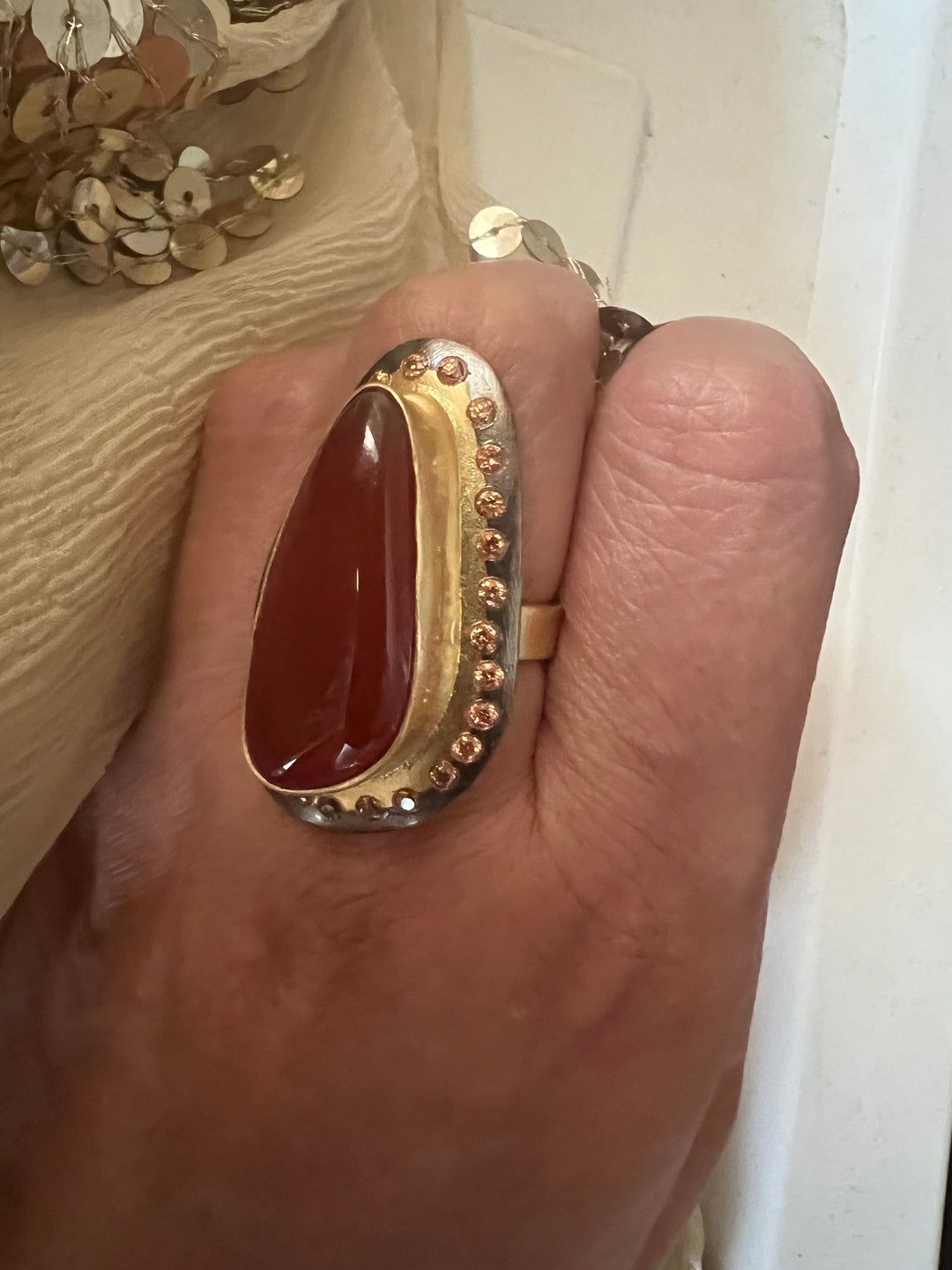 Statement Onyx Adjustable Ring | Brass, Onyx Stone, CZ Border | Gold Plated | SHIVKA