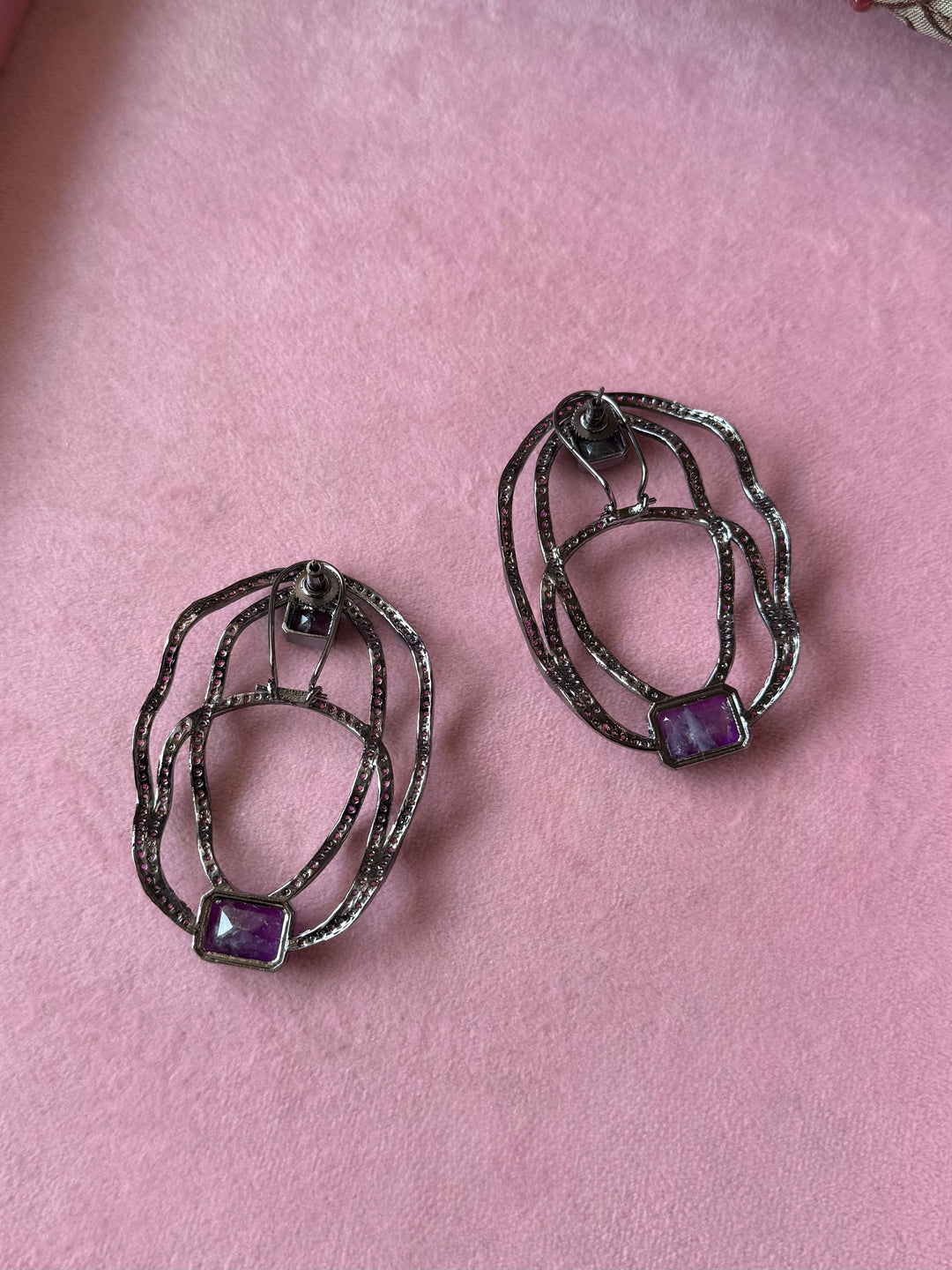 Purple Crinkled Hoop CZ Statement Earrings