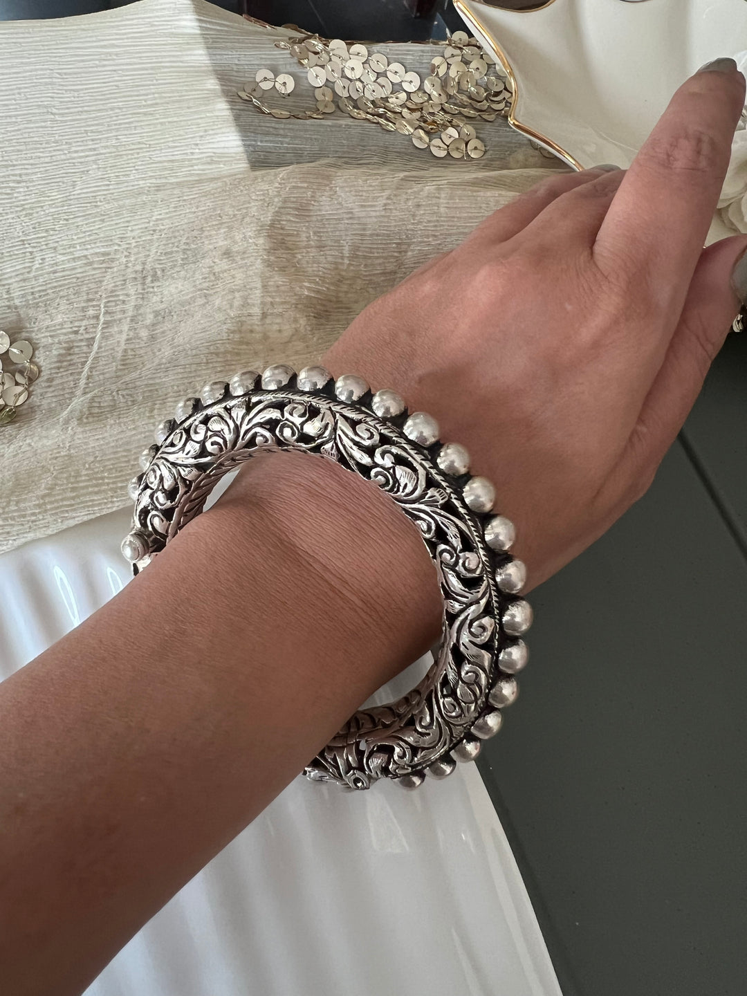 Exquisite Antique Kada with Chitai Work in Pure 925 Silver