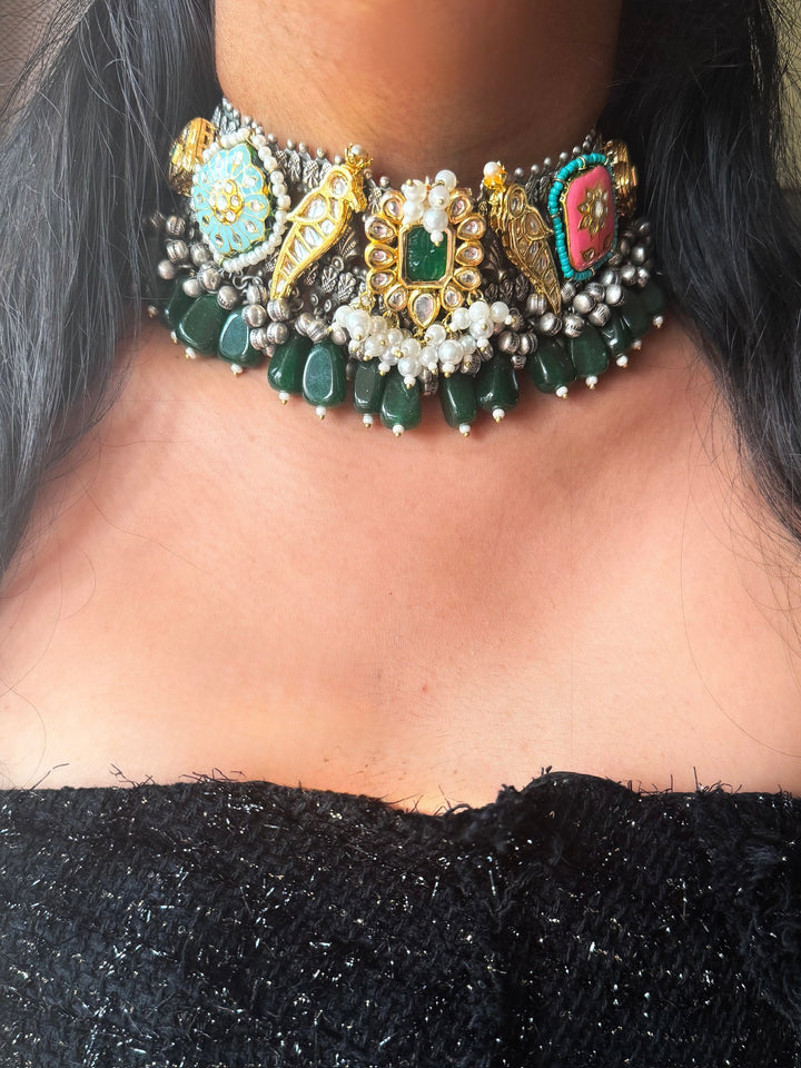 Handmade Fusion Peacock Kundan Choker with Ghungroo | Dual Tone Brass Statement Necklace by SHIVKA