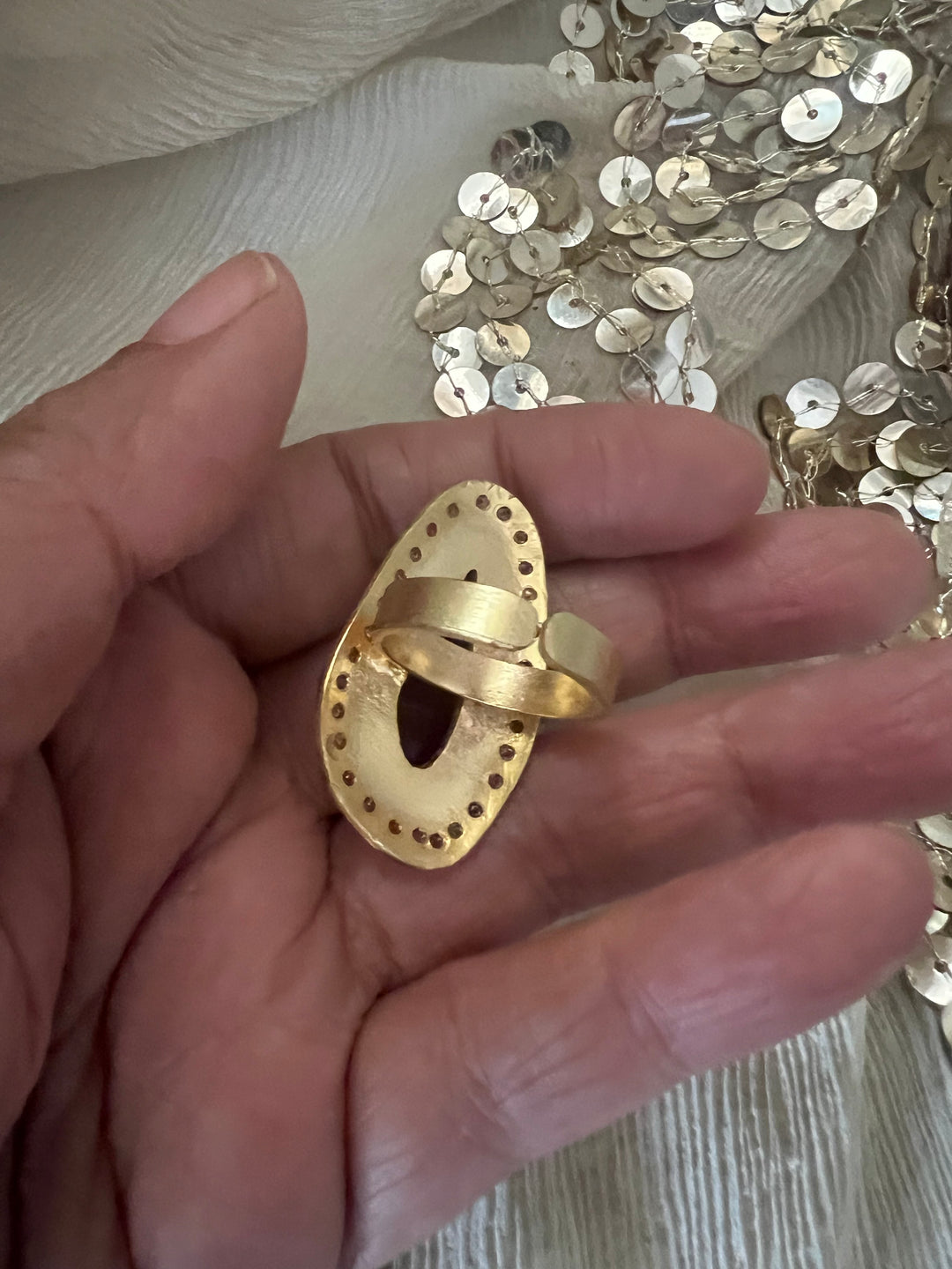 Statement Onyx Adjustable Ring | Brass, Onyx Stone, CZ Border | Gold Plated | SHIVKA