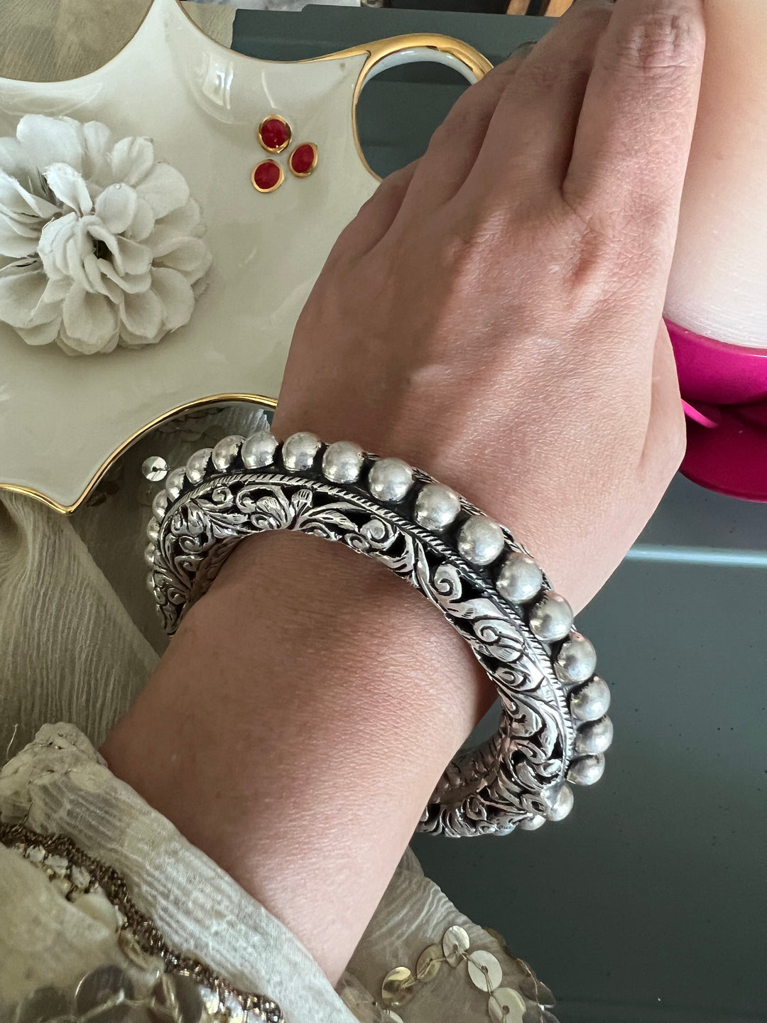 Exquisite Antique Kada with Chitai Work in Pure 925 Silver