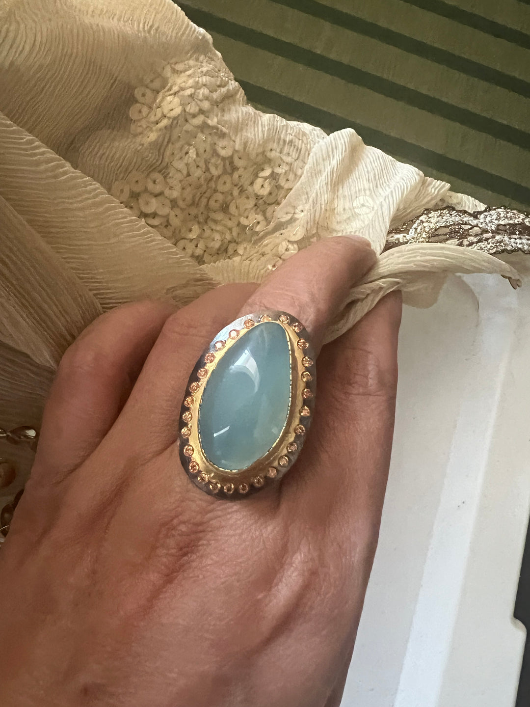 Statement Chalcedony Adjustable Ring | Brass, Onyx Stone, CZ Border | Gold Plated | SHIVKA