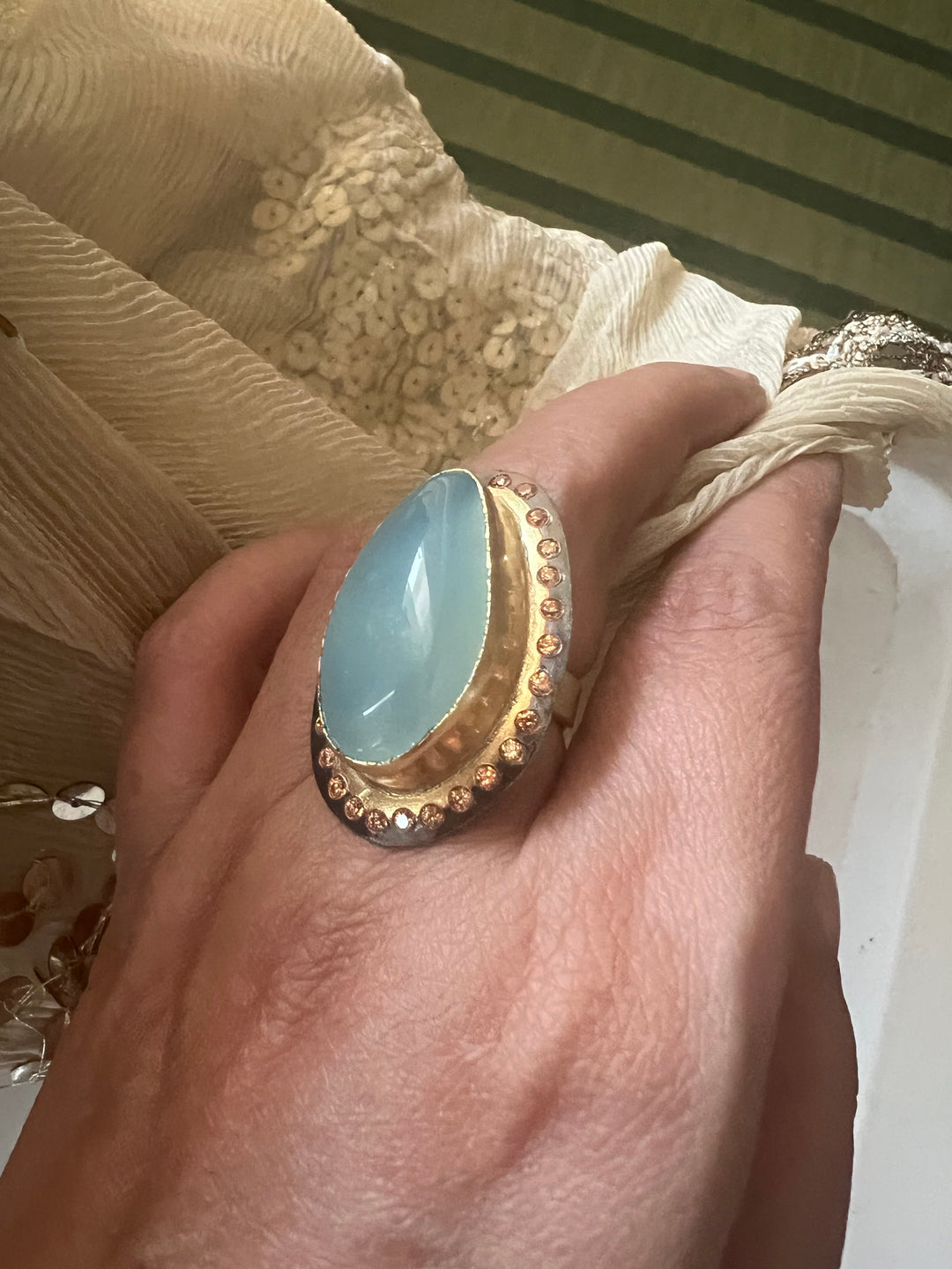 Statement Chalcedony Adjustable Ring | Brass, Onyx Stone, CZ Border | Gold Plated | SHIVKA