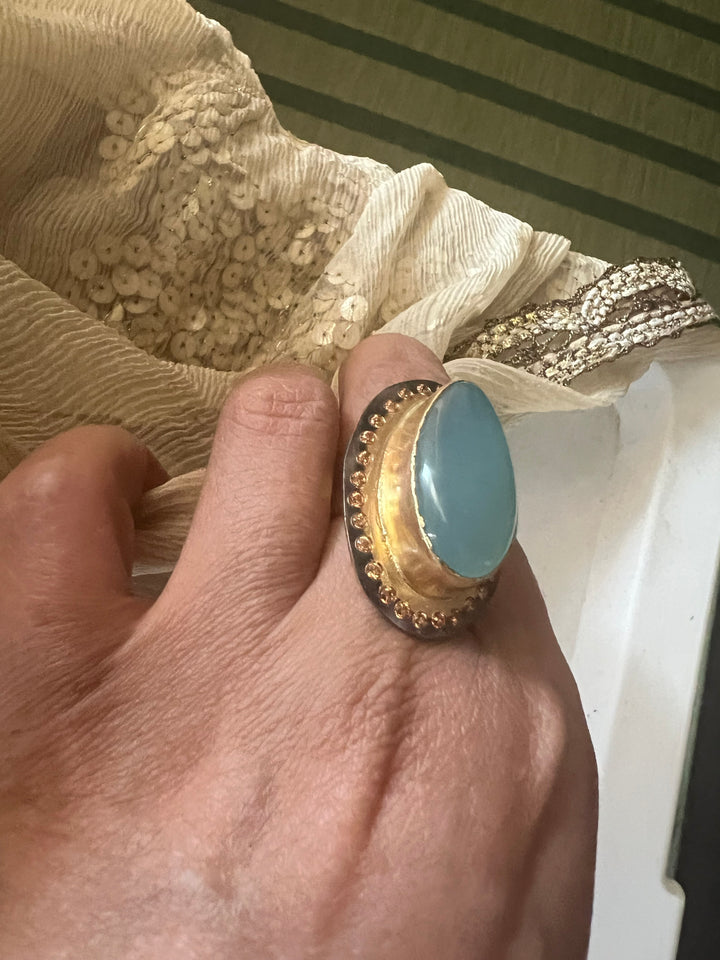 Statement Chalcedony Adjustable Ring | Brass, Onyx Stone, CZ Border | Gold Plated | SHIVKA