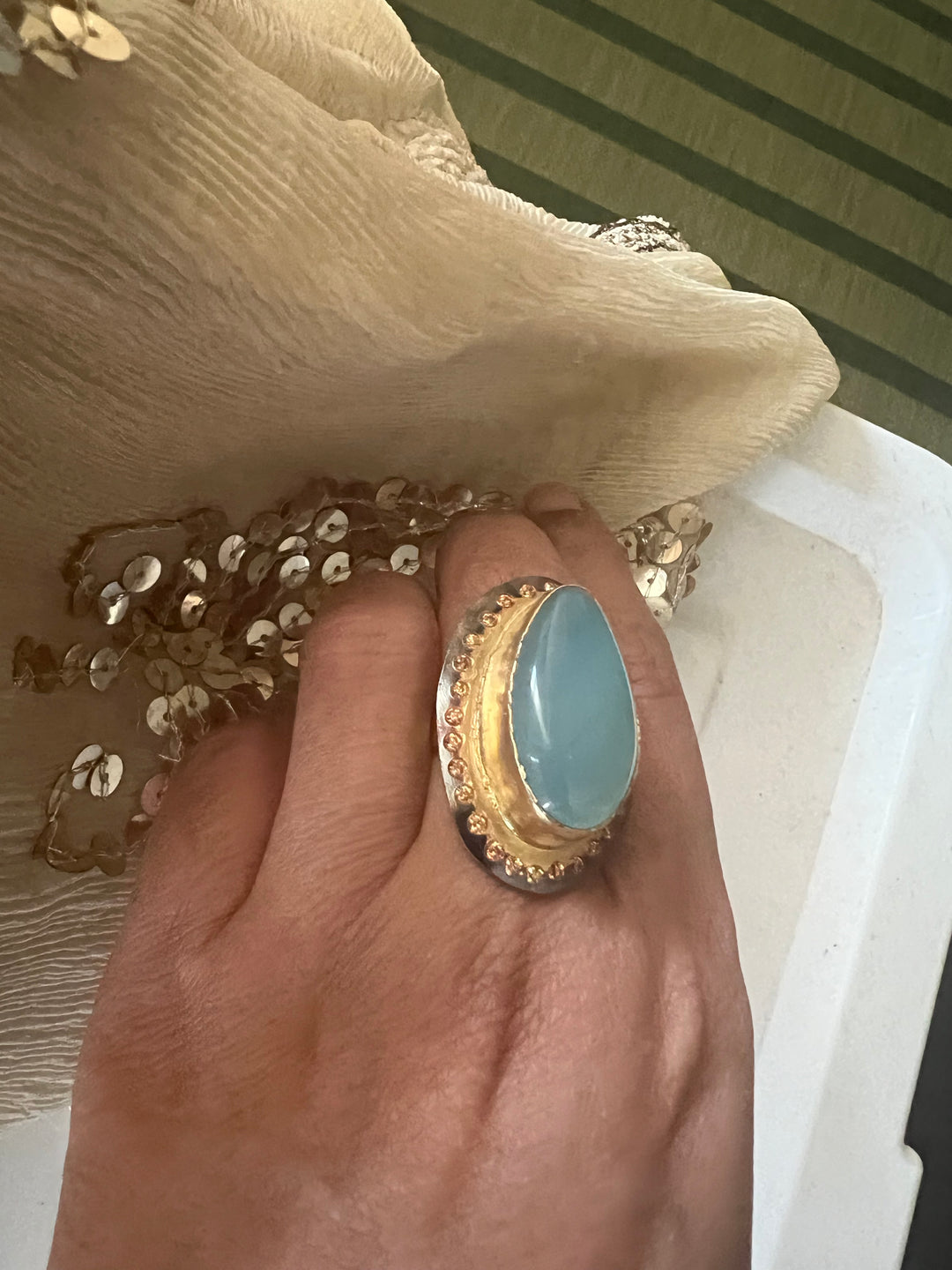 Statement Chalcedony Adjustable Ring | Brass, Onyx Stone, CZ Border | Gold Plated | SHIVKA